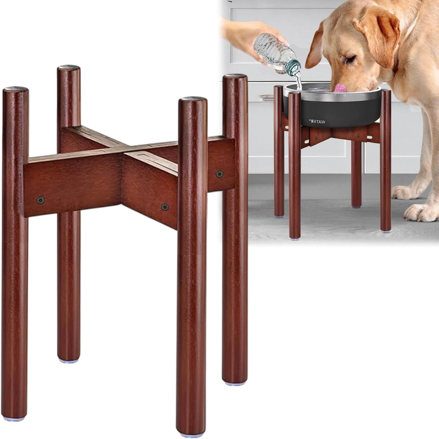Stand for Dog Water/Food Bowl, Fountain Dishes and Feeders - Makes 14-inch High, Ideal for Large Breeds - Adjustable Sideways with Lock, Dark Wood - Bowls Not Included