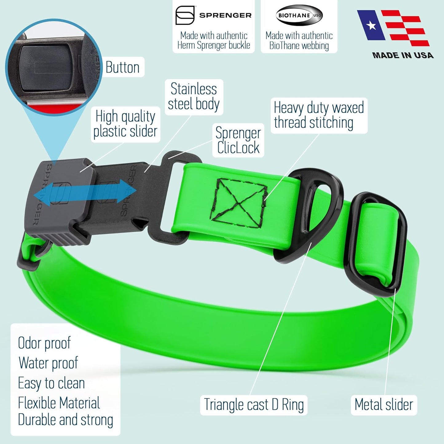 Dogline Biothane Waterproof Dog Collar with Herm Sprenger Stainless Steel Quick Release Buckle – Heavy Duty Tactical Durable Collar for Dogs – Comfortable and Safe Pet Collar, W 3/4" L 12-19", Green