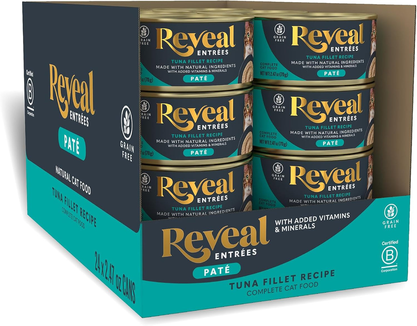 Reveal Entrées Natural Wet Cat Food Paté, Grain-Free with Added Vitamins & Minerals, Carrageenan-Free Tuna Fillet Paté Recipe (24 x 2.47 oz Cans)