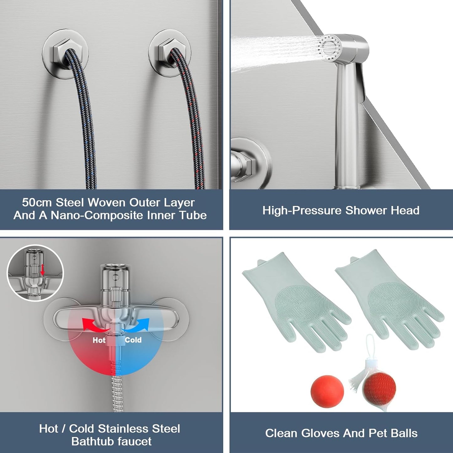 50" Pet Dog Bathing Station, Stainless Steel Dog Bathtub W/Ramp, Floor Grate, Dog Bath Brush, Washing Gloves for Home, Professional Dog Washing Station for Pets (50 Inch Left Door)