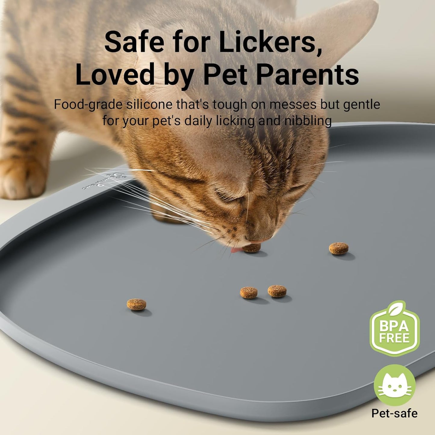 DownyPaws Dog Food Mats for Floors Waterproof, BPA Free Silcone Dog Bowl Mat, Non-Slip Pet Feeding Mat with High Raised Edge, Cat Placemat for Messy Drinkers, 18"×12.5", Light Gray