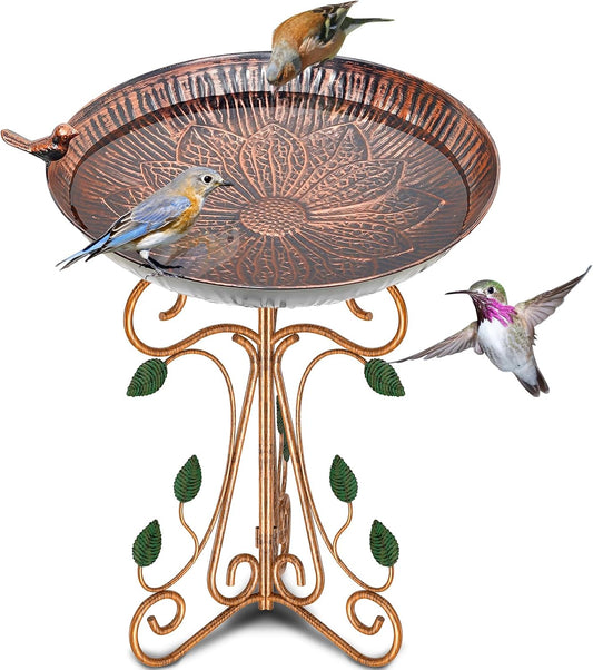 13" Diameter Vintage Metal Bird Bath, Birdbaths with Cast Iron Pedestal, Large Antique Bird Feeder for Outdoors Garden Patio Decor (Copper Lotus)