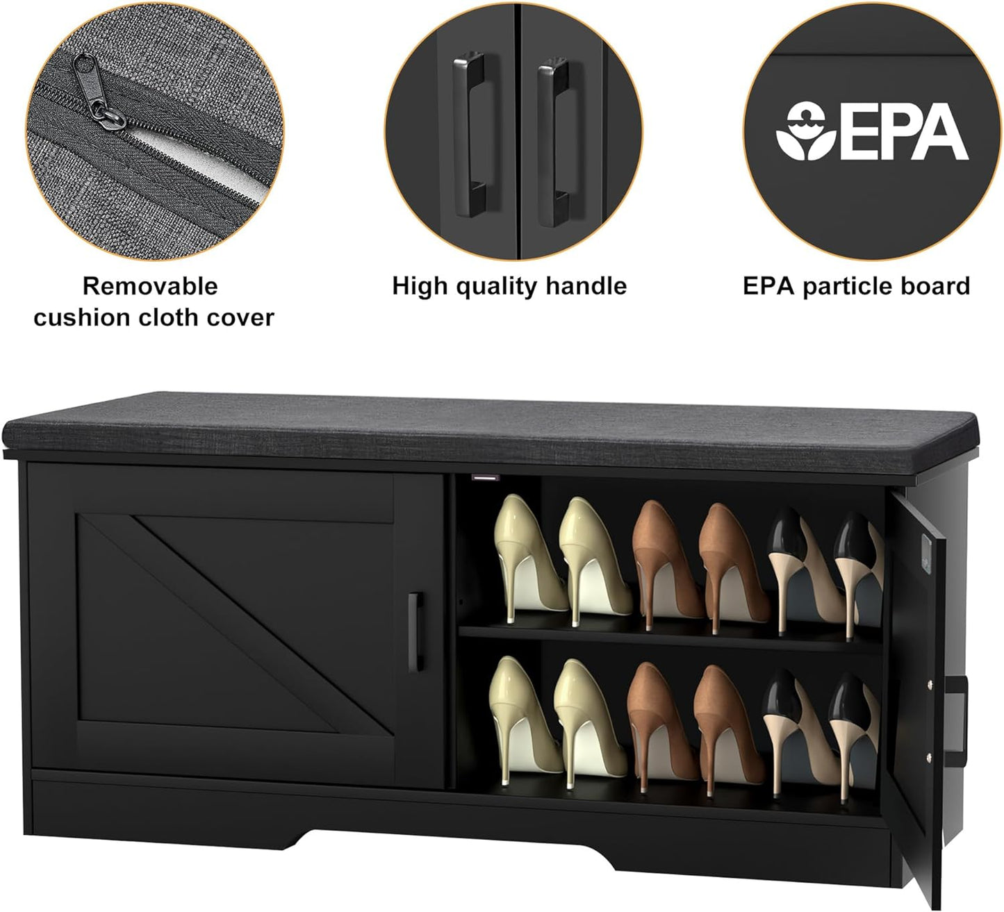 2-Tier Storage Bench, Shoe Bench with Padded Seat Cushion, Entryway Bench with 2 Barn Doors, Adjustable Shelf, 13.8" D x 39.4" W x 17.7" H, for Entryway, Living Room, Bedroom, Black