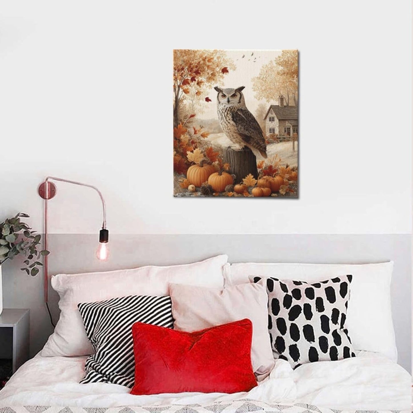Fall Owl Wall Art Autumn Pumpkin Leaves Wall Decor Rustic Canvas Print Farmhouse Pictures Painting Print Framed Artwork Decorations Gifts for Living Room Bathroom Bedroom Office 20"x24"