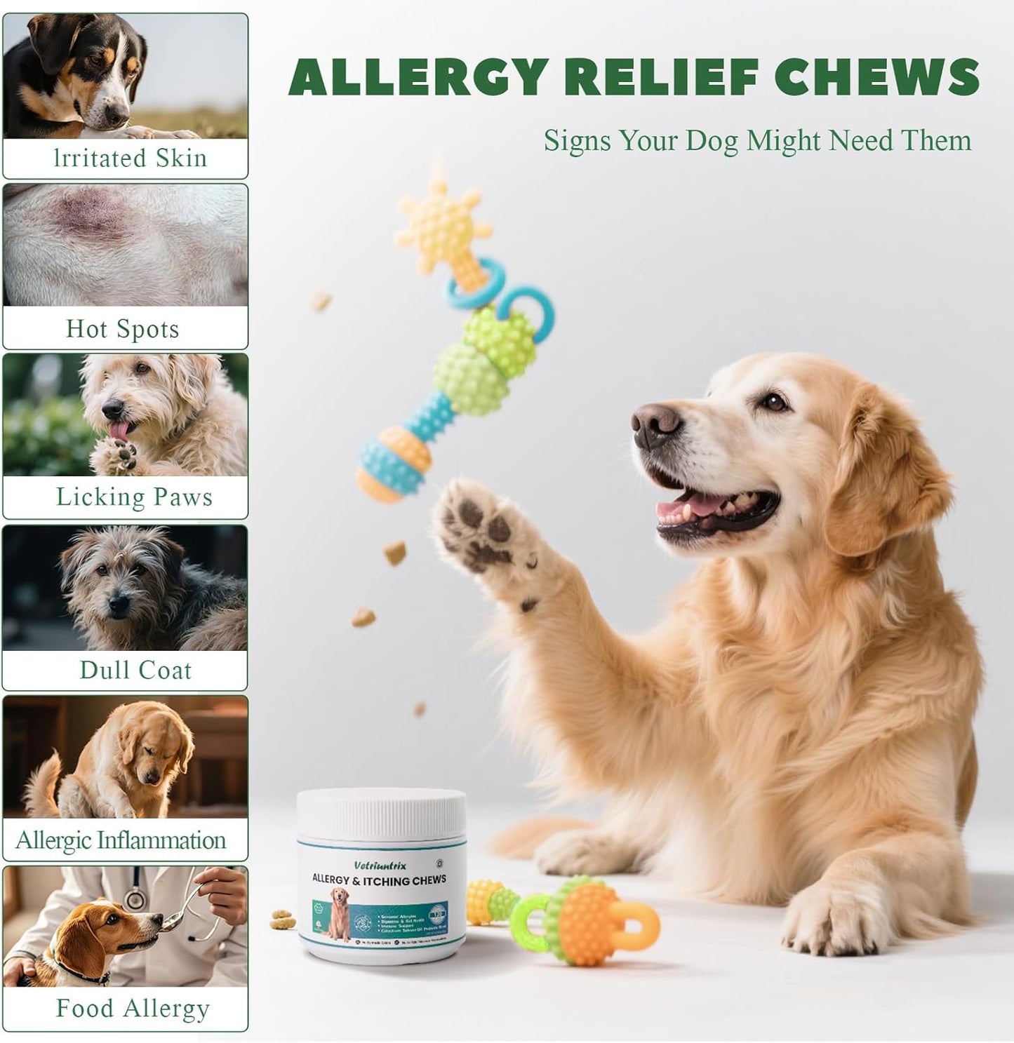 Dog Allergy Chews, Dogs Allergy Relief Chews for Paw Licking Itchy Skin Coat Supplement, Probiotics for Dogs with Colostrum Omega-3 Astragalus Immune Supplement-120ct
