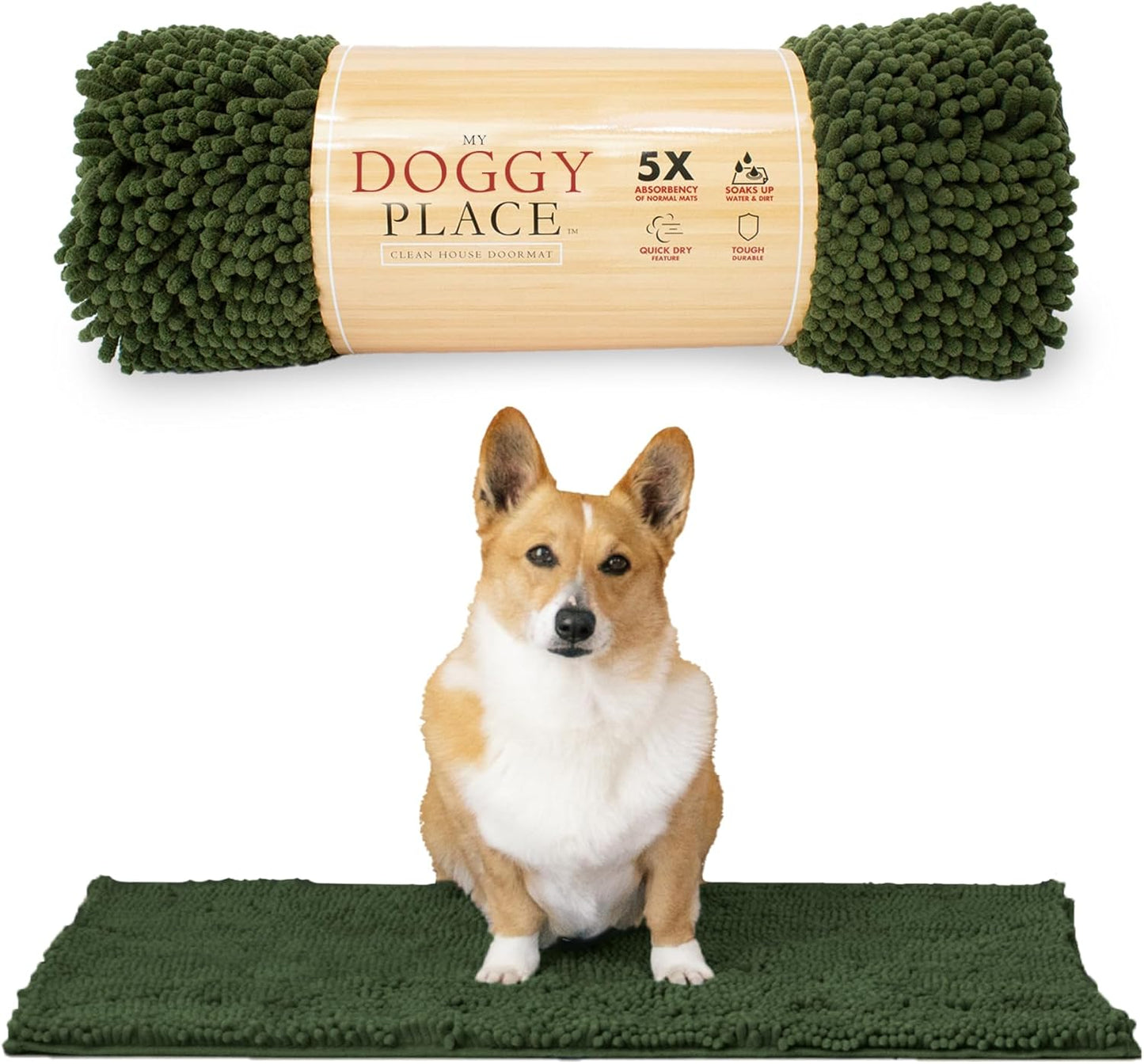 My Doggy Place Medium Chive Microfiber Dog Mat, 31" x 20", Rubber Backed, Absorbent, Quick Drying, Machine Washable