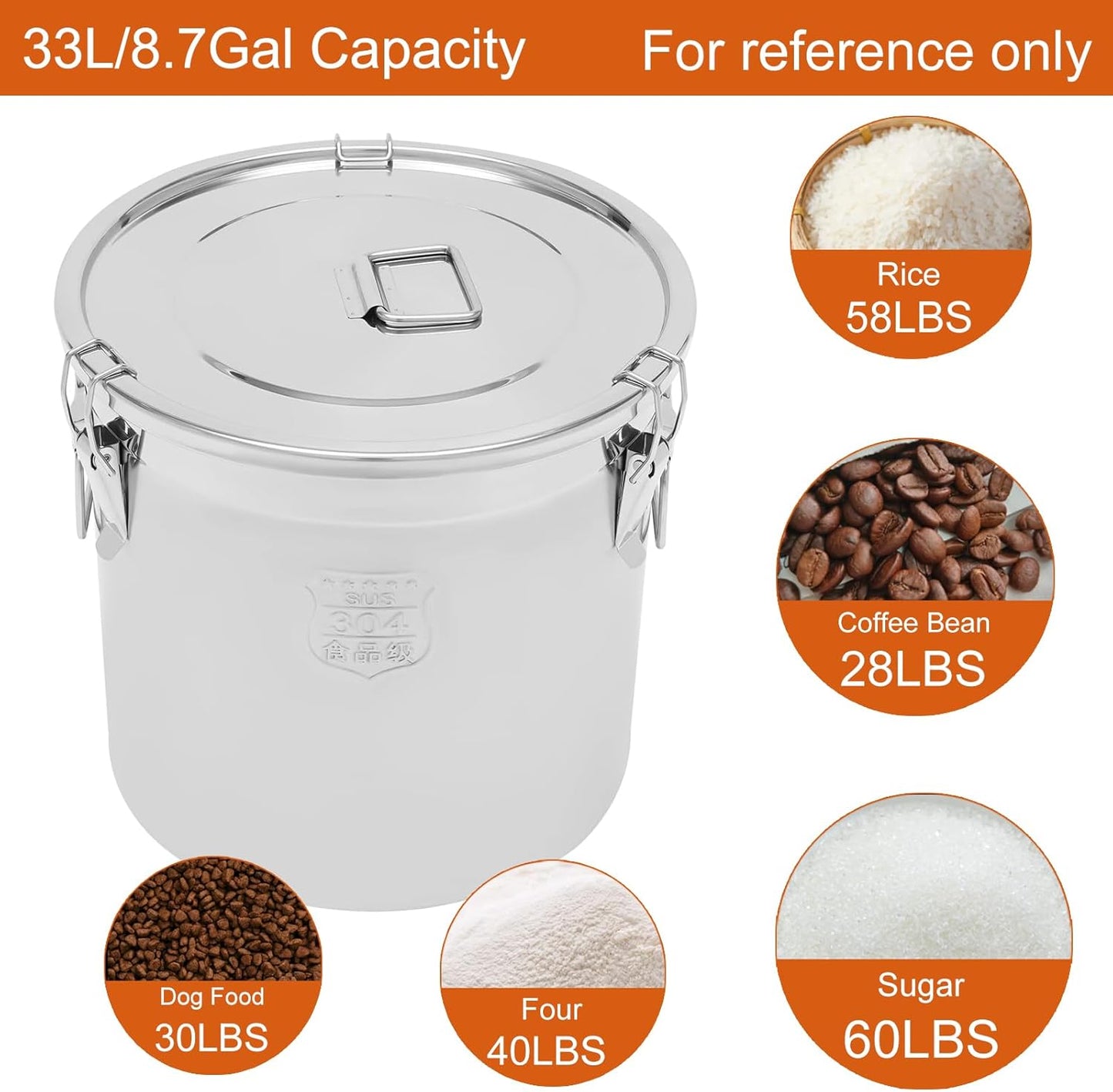 DYNAMI 8.7Gal 304 Stainless Steel Airtight Container with Lid and Locking Clamp,28-60Lbs Metal Bucket Large Food Storage Container Stainless Steel Milk Can,for Rice, Flour,Oil,Soup(33L)