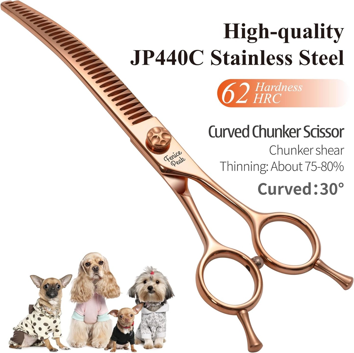 Fenice Peak Professional Dog Grooming Scissors Pet Curved Chunker Shears 7.0'' Extremely Sharp Blades 440C Steel Thinning Scissors Durable Smooth Motion & Fine Cut for Dogs and Cats