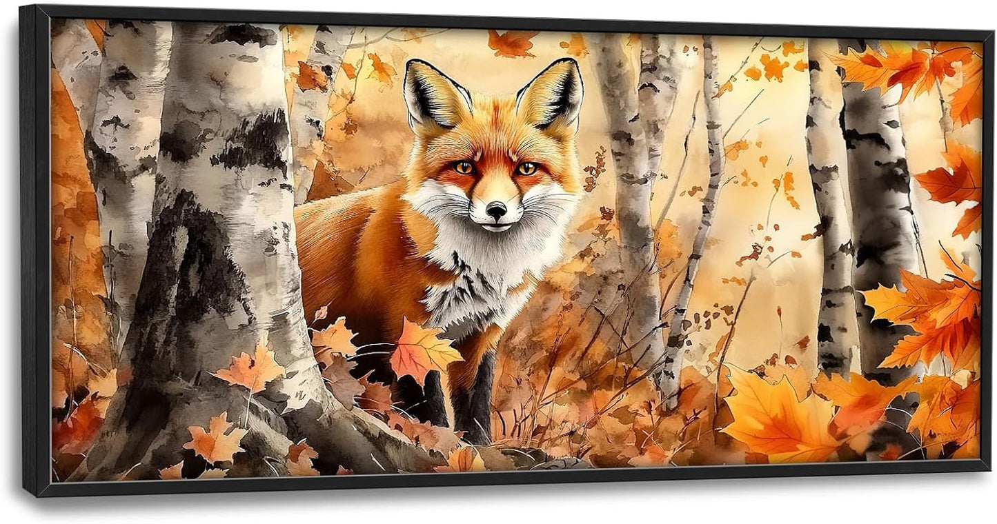Large Fox Wall Art for Living Room, Framed Oversized Fall Autumn Forest Wall Decor Tree Maple Leaves Canvas Painting Modern Artwork for Living Room Bathroom Bedroom Office Dining Room 60"x30"