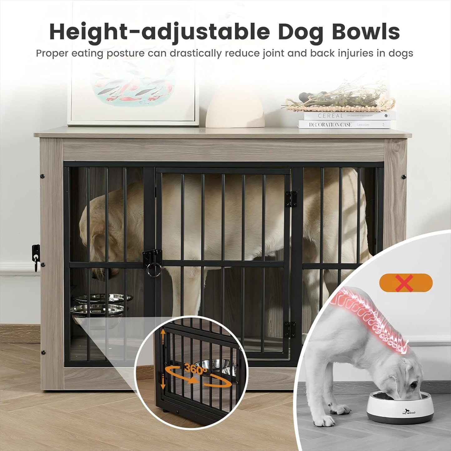 Gardner Pet Dog Crate Furniture for Medium Dogs, 38.8 Inch Dog Kennel Indoor, Wooden Dog Cage End Table with 2 Removable Bowls, Heavy Duty Dog Crate, Rustic Grey