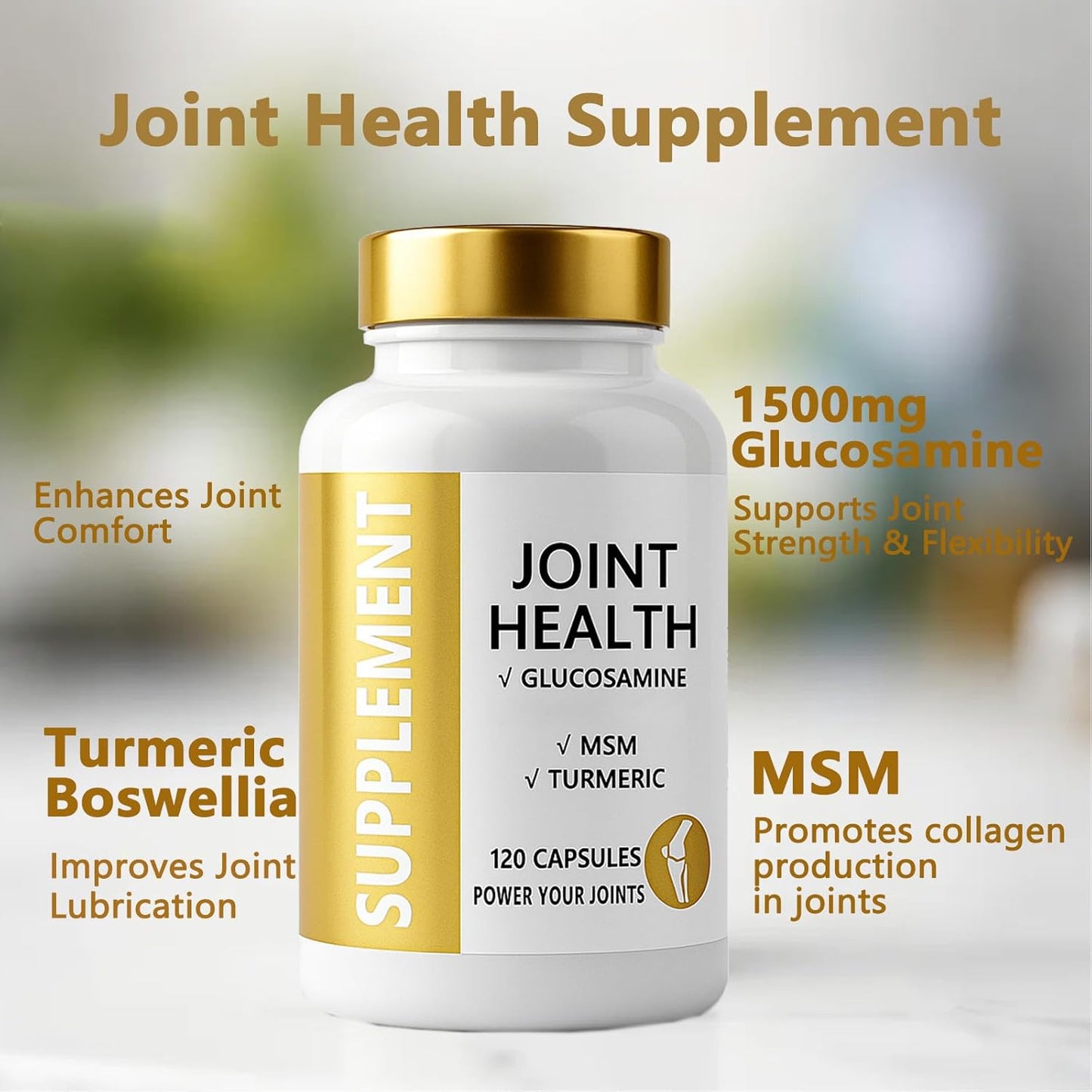 Joint Health Supplement with Glucosamine, MSM, Turmeric & Boswellia, Relief Support for Back, Knees, Hands | Women & Men - 120 Capsules