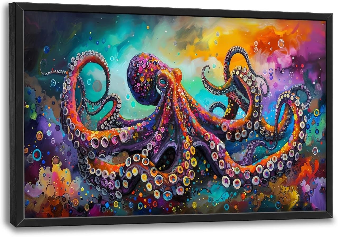 Quorin Octopus Large Wall Art Abstract Colorful Octopus Pictures Sea Ocean Animal Wall Decor Canvas Print Painting Artwork for Bathroom Living Room Bedroom 36L x 24W