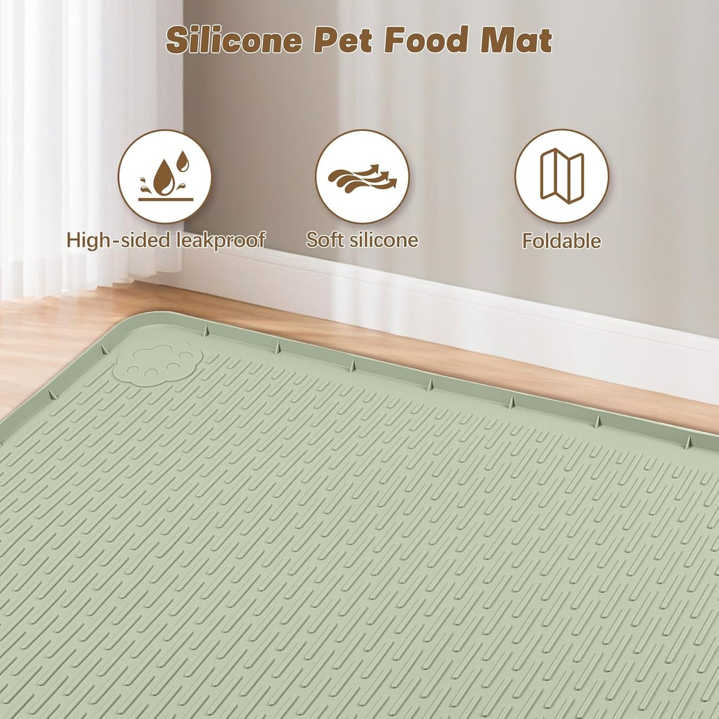 Cat Food Mat, 40" x 28" Extra Large Silicone Pet Feeding Mat with Raised Edge Pet Placemat for Food and Water Bowl Non-Slip, Easy to Clean, Floor Protection (Green)