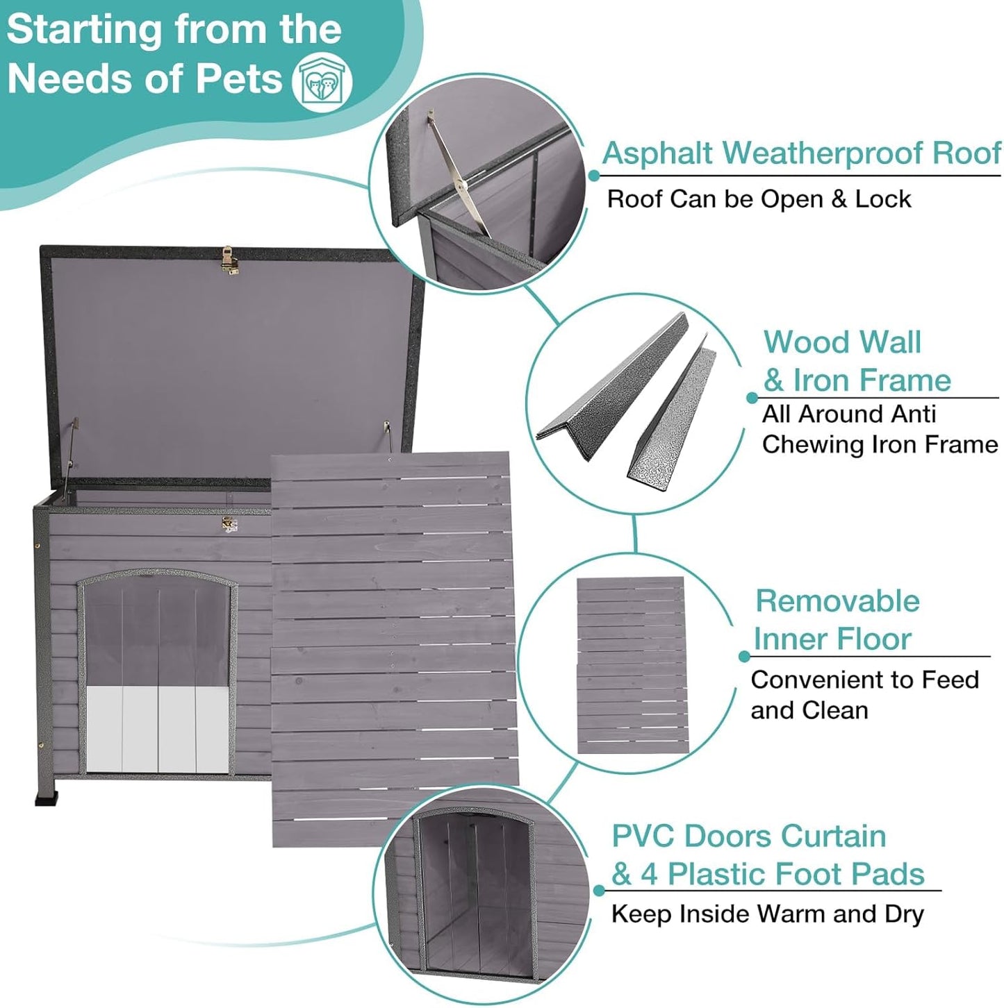 Indoor Outdoor Dog House,Anti-Chewing Iron Frame Dog Kennel,Wood Warm Pets Home,Weatherproof Outside Shelter