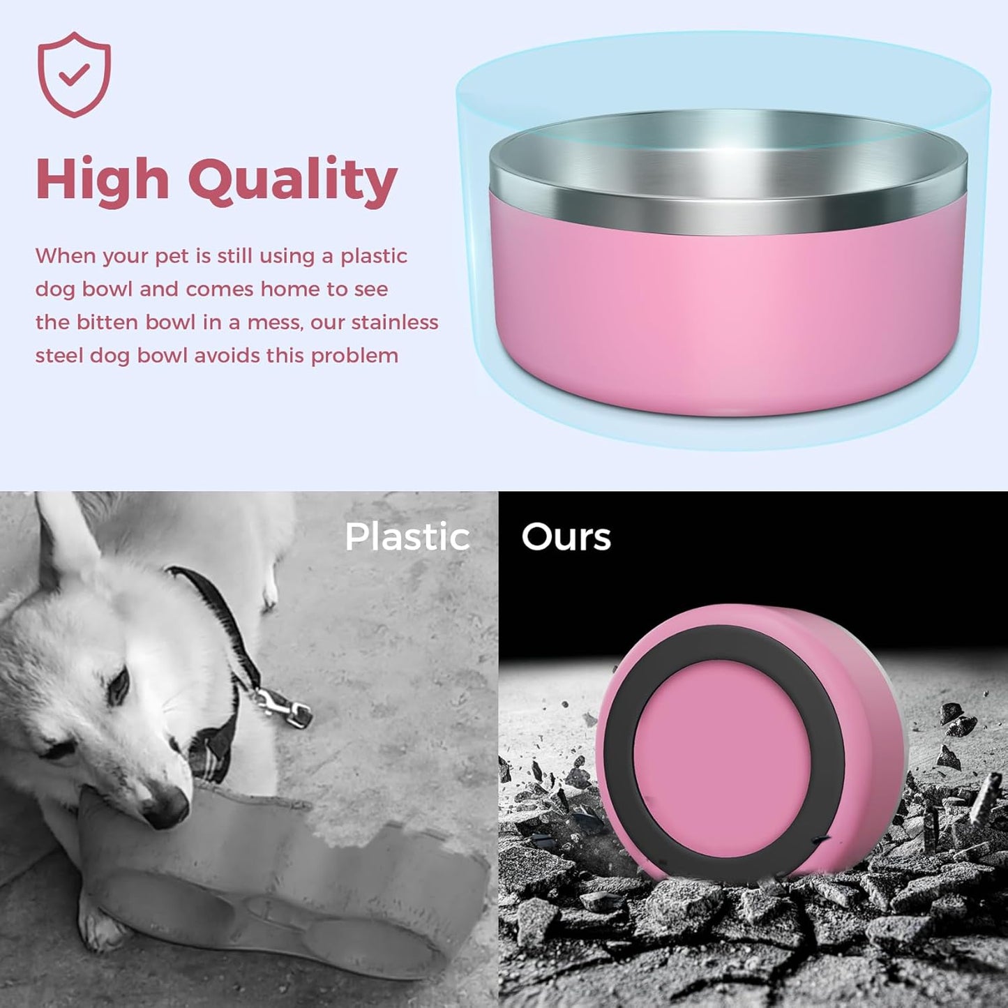 Dog Bowl, Stainless Steel Dog Food and Water Bowl with Non Slip Quiet Bottom, Easy to Clean, Dishwasher Safe, 40oz, Pink