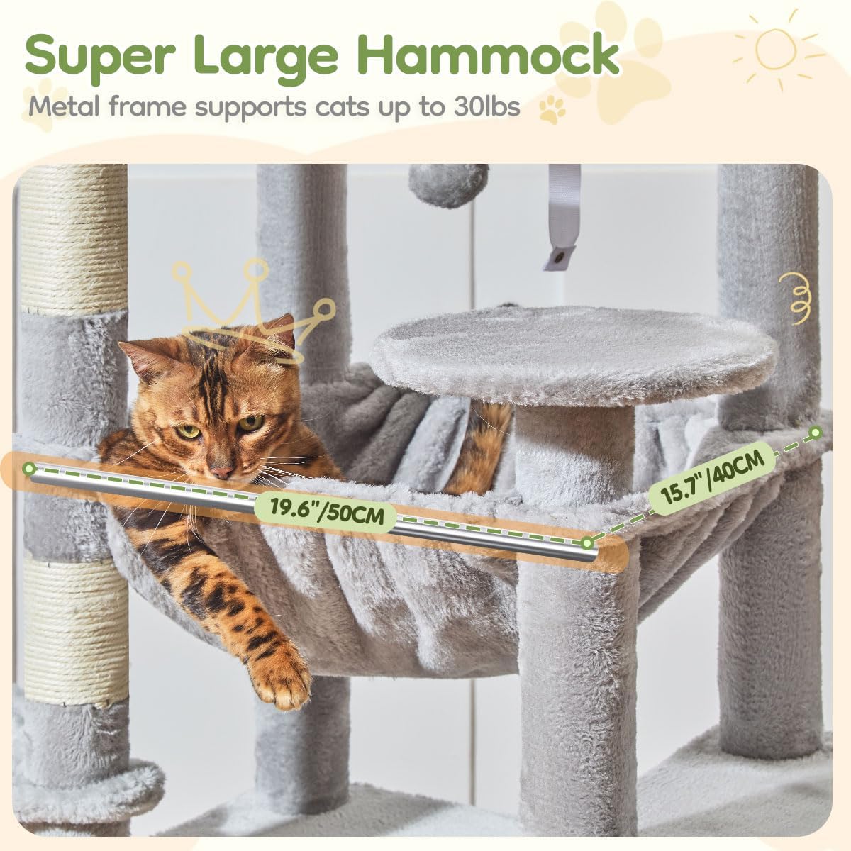 Taoqimiao 72 Inches Cat Tree for Large Cats, Multi-Level Tall Cat Tower, Widened Cat Condo with Large Scratch Board, 5 Scratching Posts, Metal Hammcock, Cozy Basket, Light Gray, MS045W