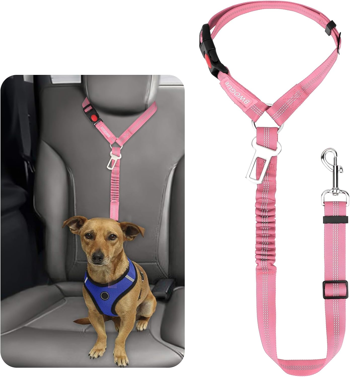 BWOGUE Pet Dog Cat Seat Belt Reflective Car Dog Headrest Restraint Leash Elastic Buffer Bungee Adjustable Tangle-Free Safety Leads Vehicle Seatbelt Harness for Small, Medium and Large Dogs (1 Pack)