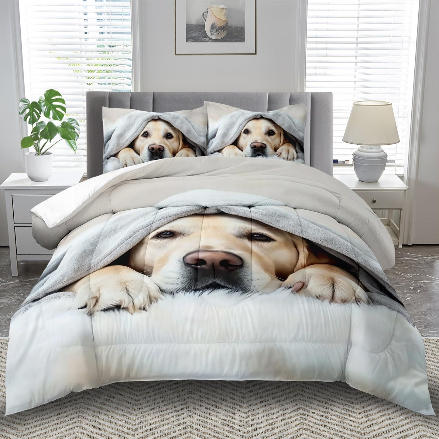 Grey Dog Comforter Set Queen Size Boy,Kawaii Pet Dog Animal Print Bedding Set for Girl,Cute Pet Puppy Print Comforter Quilt for Boys,Kawaii Animal Puppy Dog Pals Bedding Bedroom Bed Decor