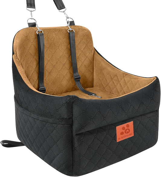 Dog Car Seat for Small/Medium Dogs, Dog Booster Car Seats with Thick Cushion for Dogs Under 35lbs, Detachable Washable Pet Car Seat with Storage Pockets, 2 Safety Belts(Black/Coffee)