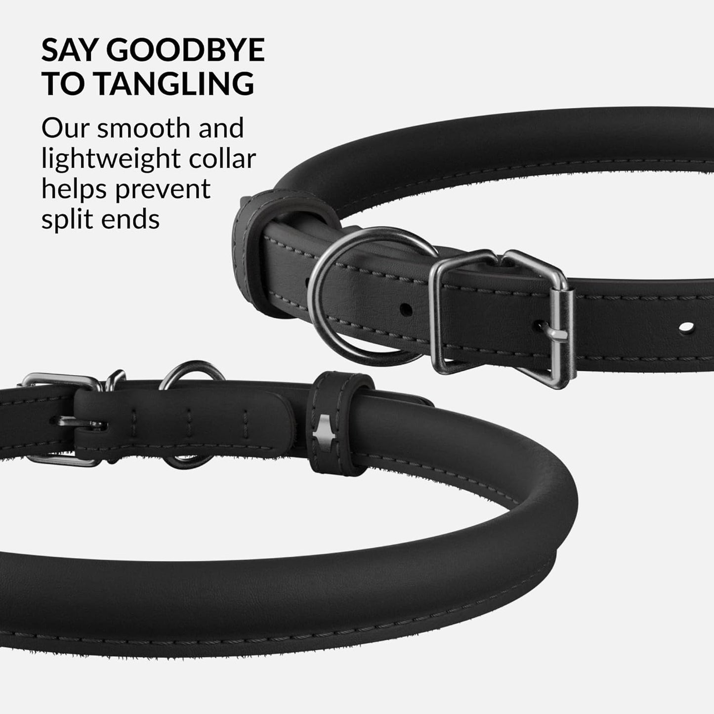 CollarDirect Rolled Leather Dog Collar, Soft Padded Round Puppy Collar, Handmade Genuine Leather Collar Dog Small Large Cat Collars 13 Colors (18-22 Inch, Black Smooth)