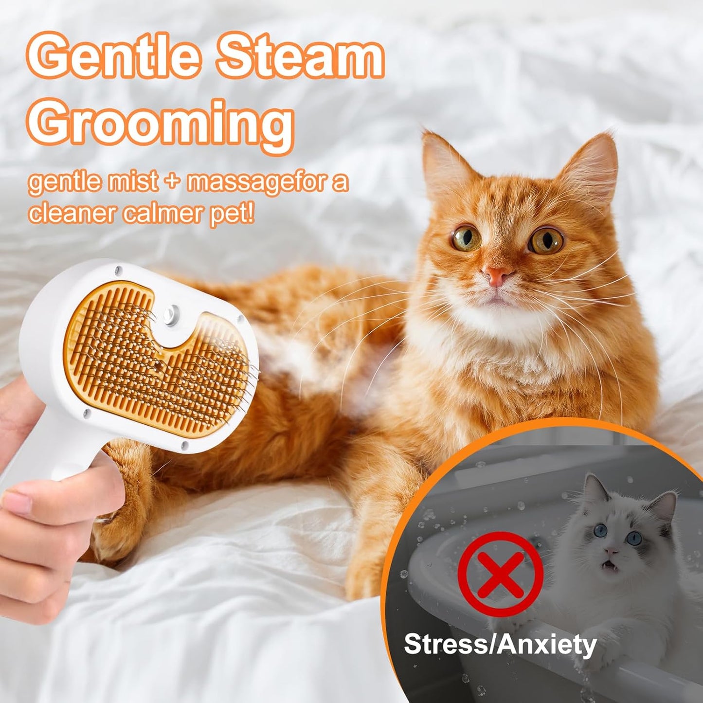 Cat Steam Brush, Pet Steam Brush for Cat & Dog, Mist Spray Comb, Spritz Defur Tool, Water Grooming Kit, Dog Hair Removal Steam Cleaner with Release Button Contains 1*Shampoo, Dental Wipes