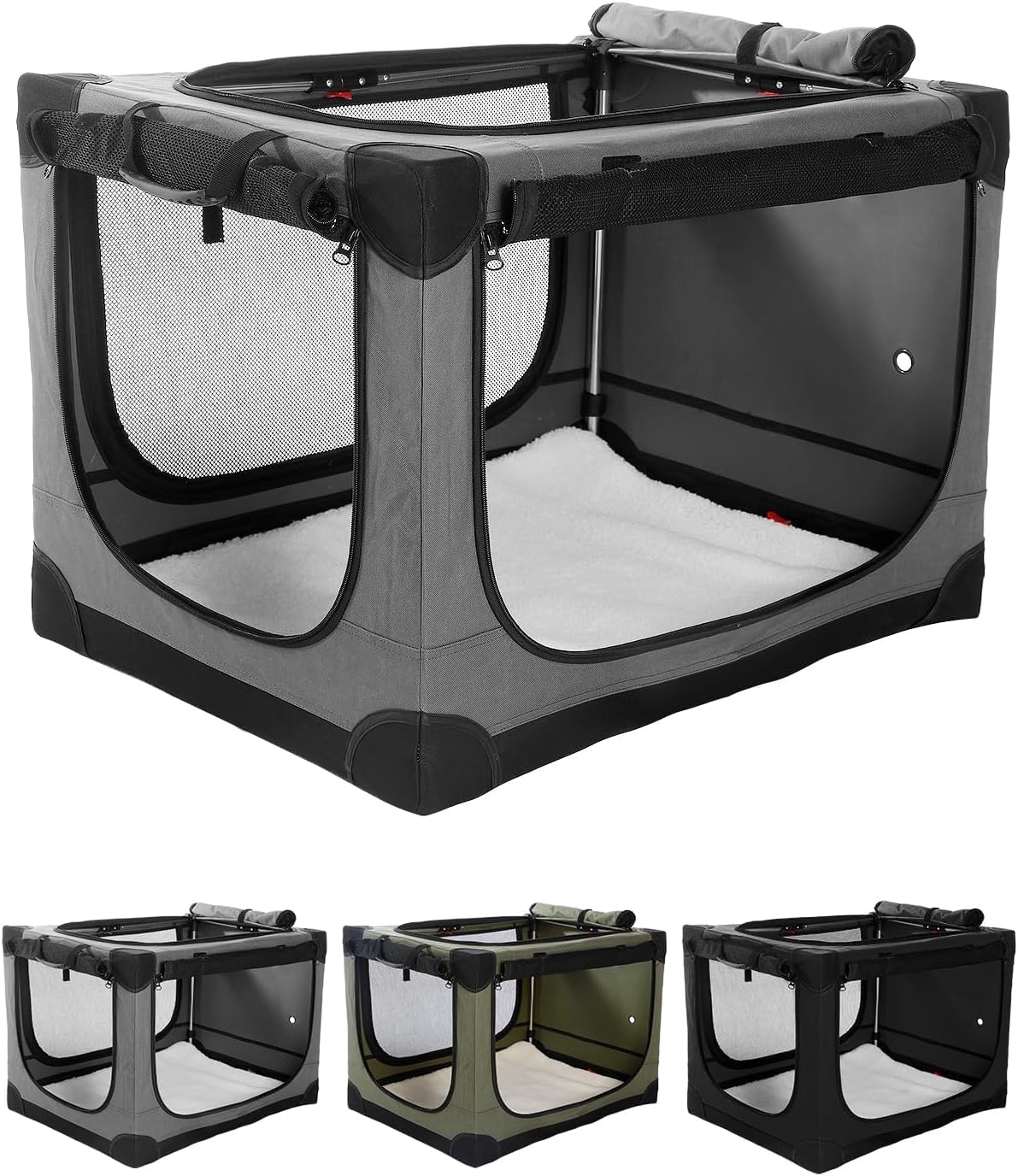 36 Inch Collapsible Travel Dog Crate for Medium Large Dogs, Portable Dog Crate 4-Door Foldable Soft Kennel with Durable Mesh Windows for Indoor & Outdoor Travel, with Storage Bag,Grey