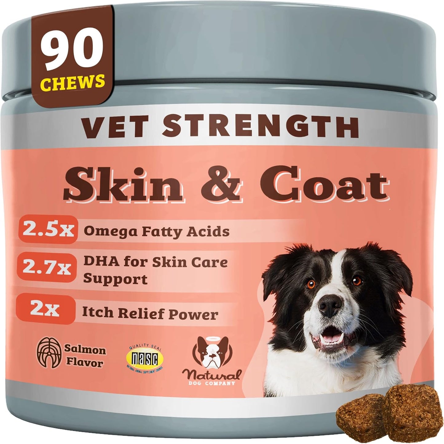 Natural Dog Company Vet Strength Omega Skin & Coat Chews for Dogs – Supports Itchy Skin Relief, Moisture Balance & Coat Hydration, Biotin & Vitamin E, Dry Skin Care, Vet-Recommended, USA Made, 90 Ct