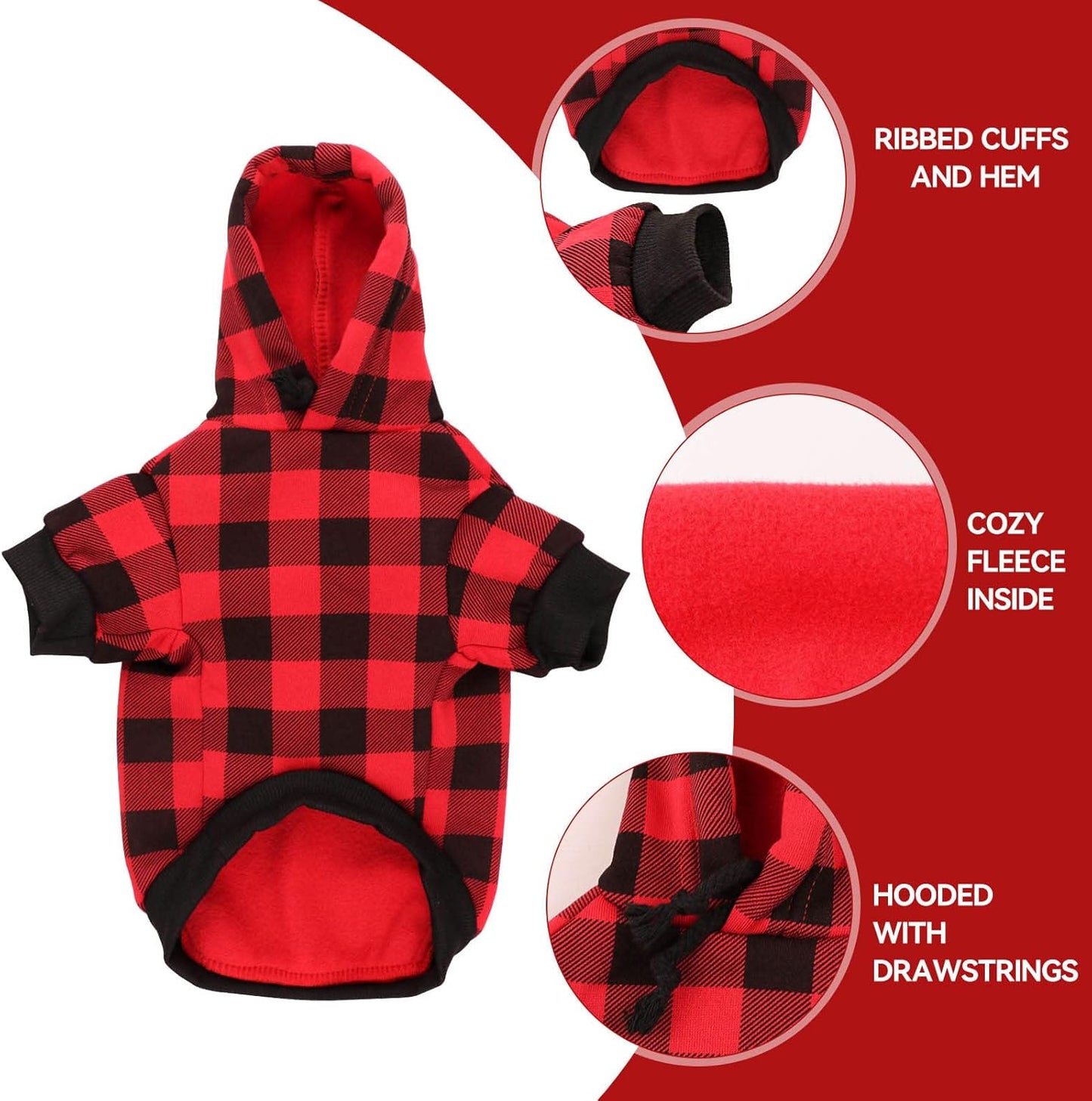 Dog Hoodie Sweater Red Buffalo Plaid Pet Clothes Warm and Soft Breathable Cozy Medium Pet Hoodie Dog Sweaters for Medium Dogs with Pocket(M)