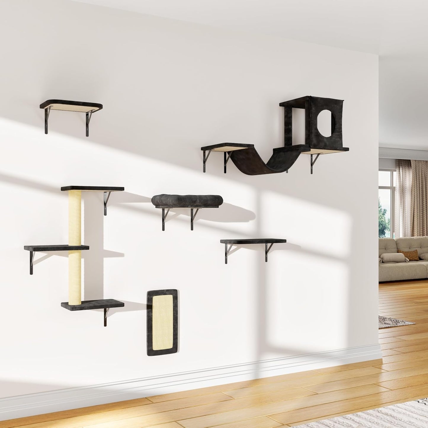 NUNU LAB Wall Mounted Cat Furniture, 6 Pcs Cat Wall Shelves with Condo House, Bridge, Steps, Scratcher, Hammock, Indoor Safe & Stable Furniture for Kittens Play, Black