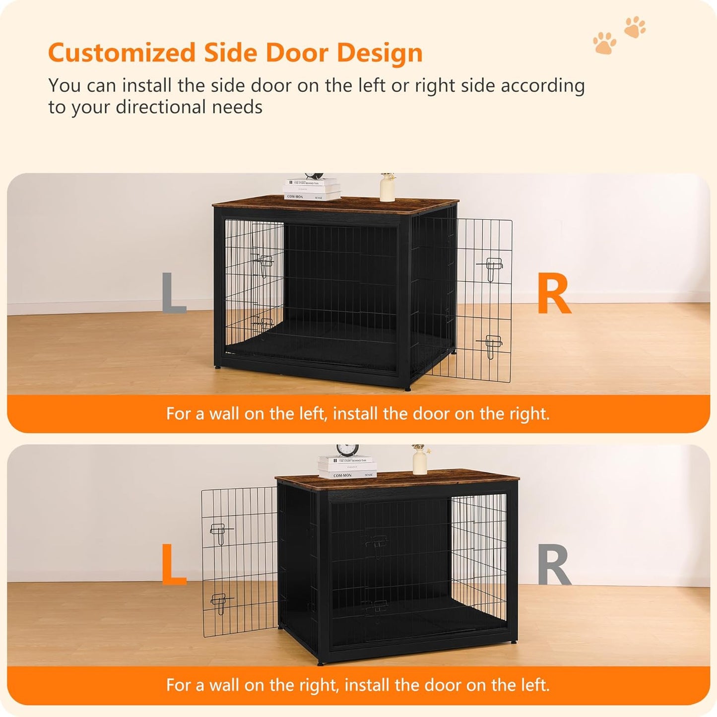 DWANTON Dog Crate Furniture with Cushion, Wooden Kennel Table with Double Doors, Indoor Dog House, Extra Large Size, 43.3" L, Black+Rustic Brown