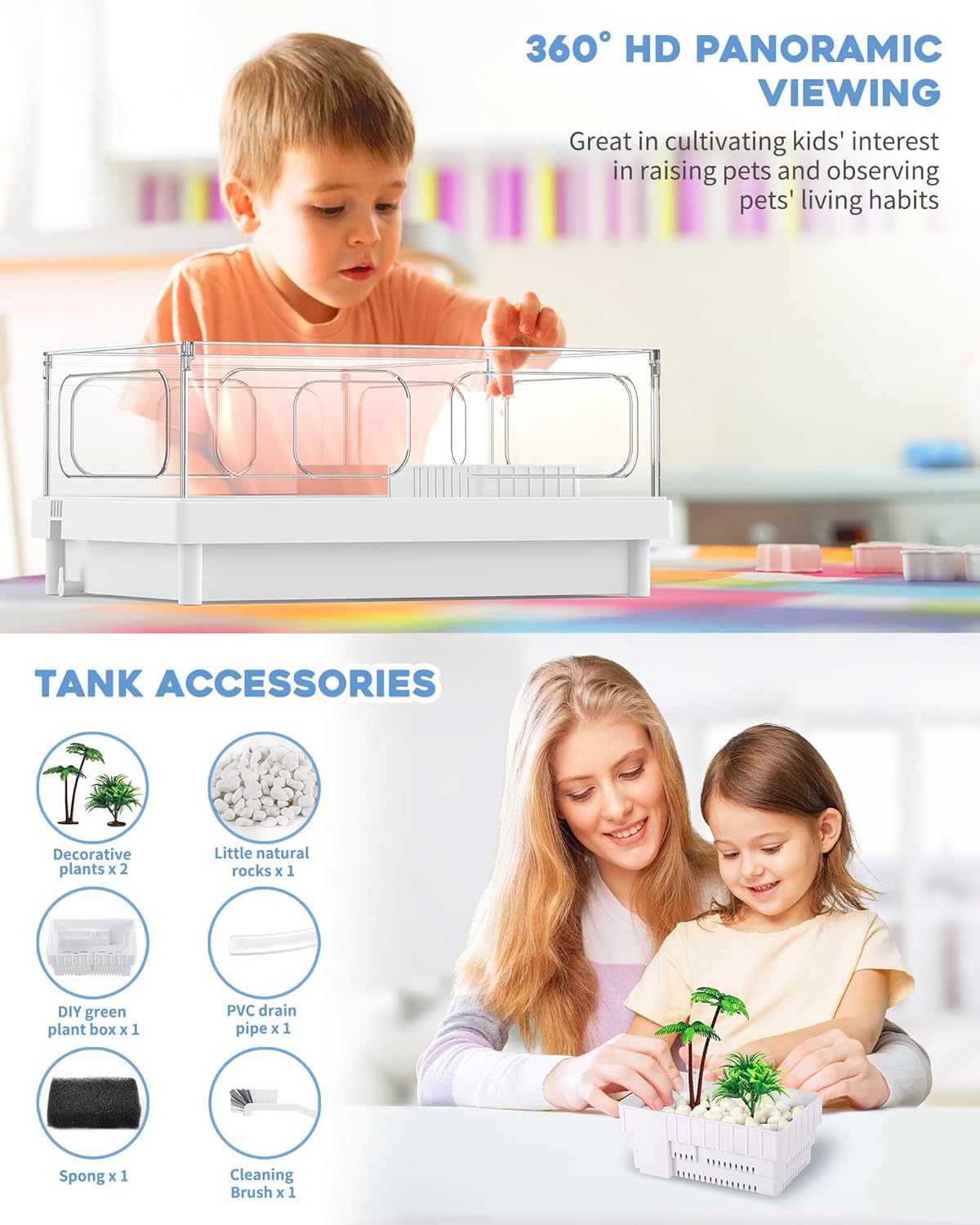 Small Turtle Tank with Filter, Turtle Aquarium, Acrylic Turtle Terrarium with Basking Platform, Bottom Drainage, Multi-Function Areas for Turtles, Crayfish, Small Reptiles.(Tank+Filter)