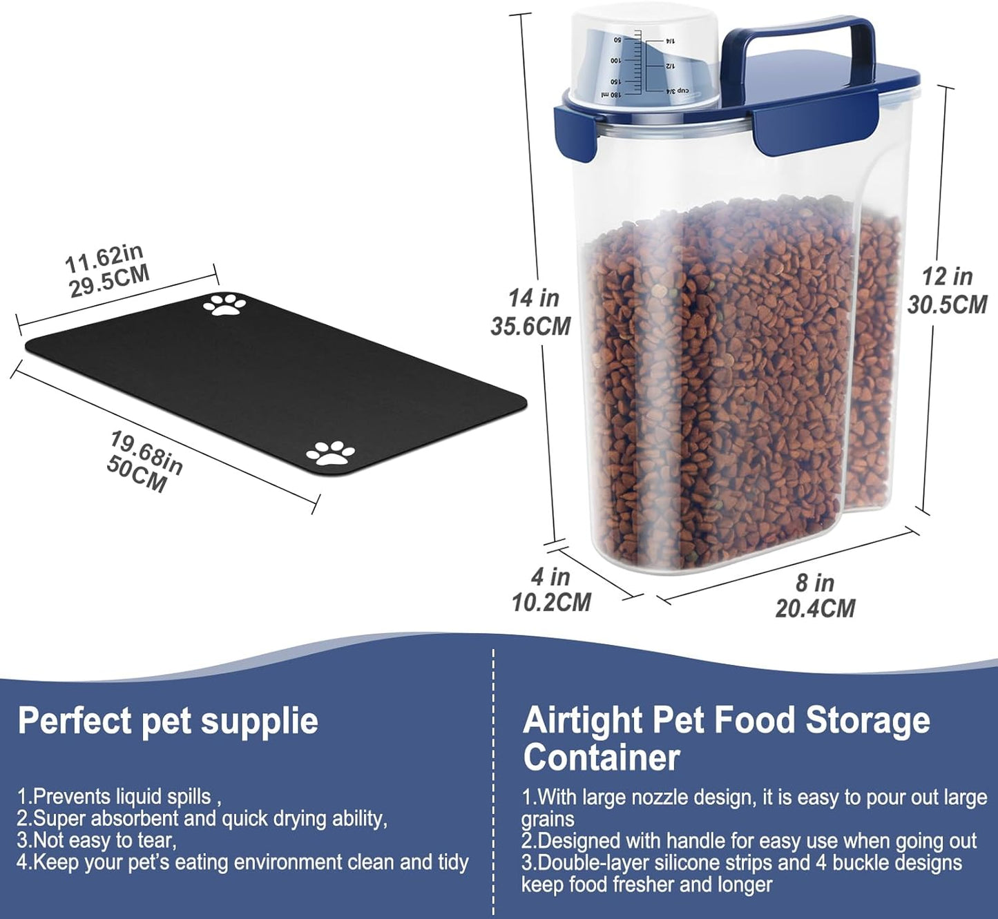 5-7Lbs Portable Airtight Dog Cat Food Container, Match Pet Feeding Mat Clean and Convenient, Making Food Less Messy, Translucent Storage Bin for Small Animal Kibble, Bird Seed, Oatmeal-Blue