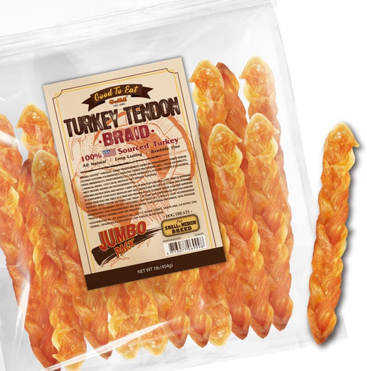 Gootoe Turkey Tendons for Dogs –All-Natural, Hypoallergenic Dog Treats, Rawhide Alternative, Long Lasting Puppy Chews, Healthy Dog Treats for Medium Breeds, Braid (M), 16 oz Pack (1 lb)
