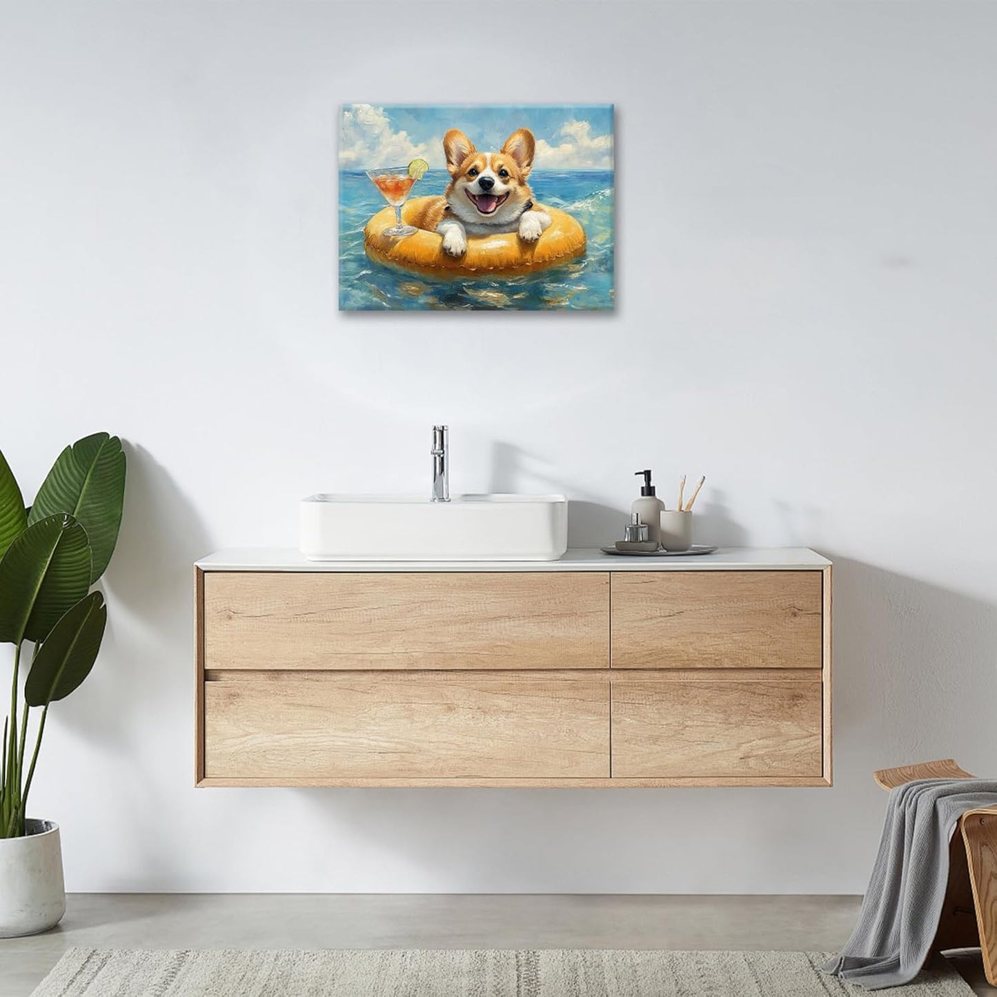 Ocean Funny Corgi Dog Pictures Wall Art, Bathroom Cute Dog Wall Decor Sea Coastal Framed Painting Beach Canvas Artwork for Bathroom Bedroom Living Room Decorations 16"L x 12"W