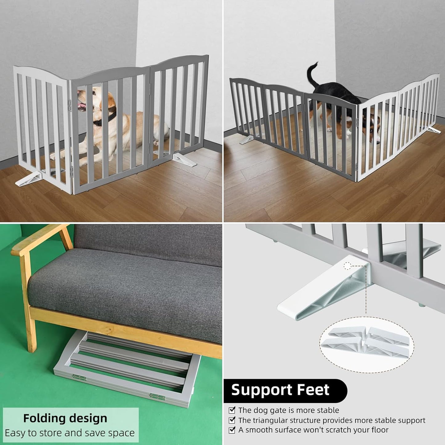 ZJSF Foldable Freestanding Indoor Dog Gate for House Wood Long Pet Gates Dog Fence for Stairs Puppy Gates for Hallways, Puppy Gate,Support Feet Included, Grey, 32 "Height-3 Panels