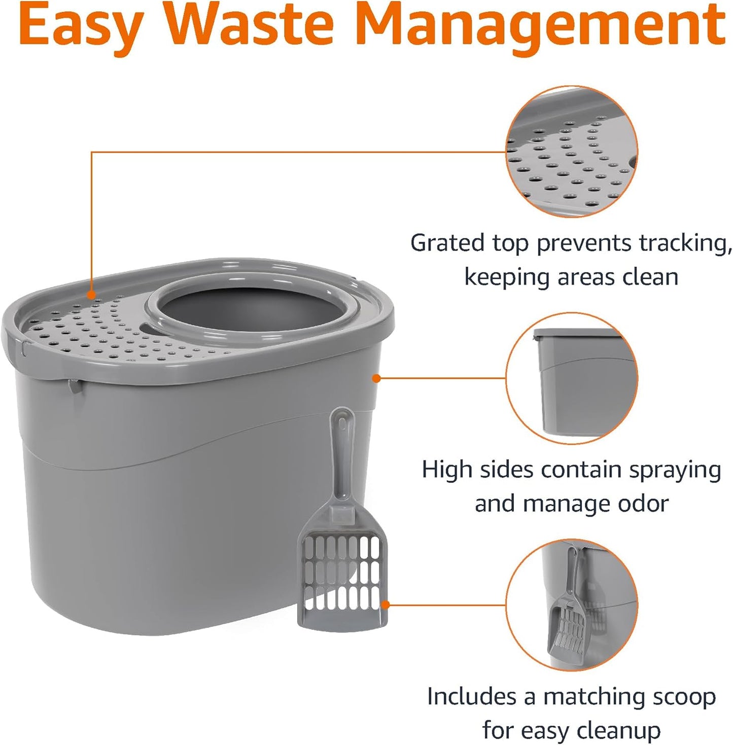 Amazon Basics Large Cat Litter Box with High Sides, Top Entry, Includes Scoop, 20.5 x 14.75 x 14.38 inches, Grey