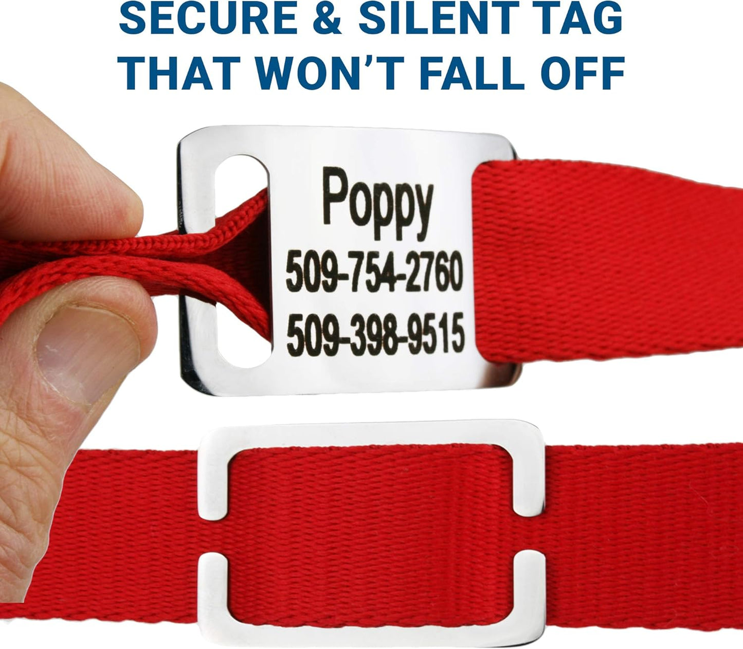 GoTags Personalized Dog Collar with Nameplate, Adjustable Dog Collar with Custom Engraved Slide On Pet ID Tag in Stainless Steel, Silent, No Noise Dog Tag for Large Medium and Small (Red, Large)