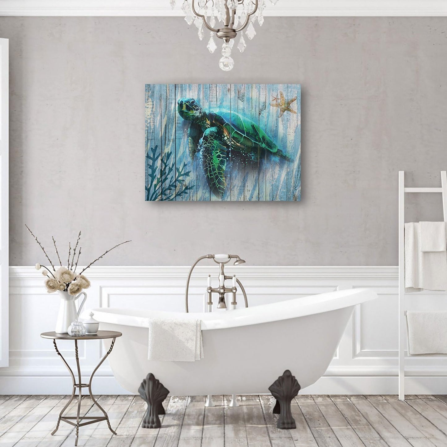 Arjun Bathroom Decor Blue Wall Art Canvas Green Sea Turtle Teal Submarine Picture, Blue Modern Landscape Painting Framed for Living Room Bedroom Home Office Wall Decor, 16"x12"