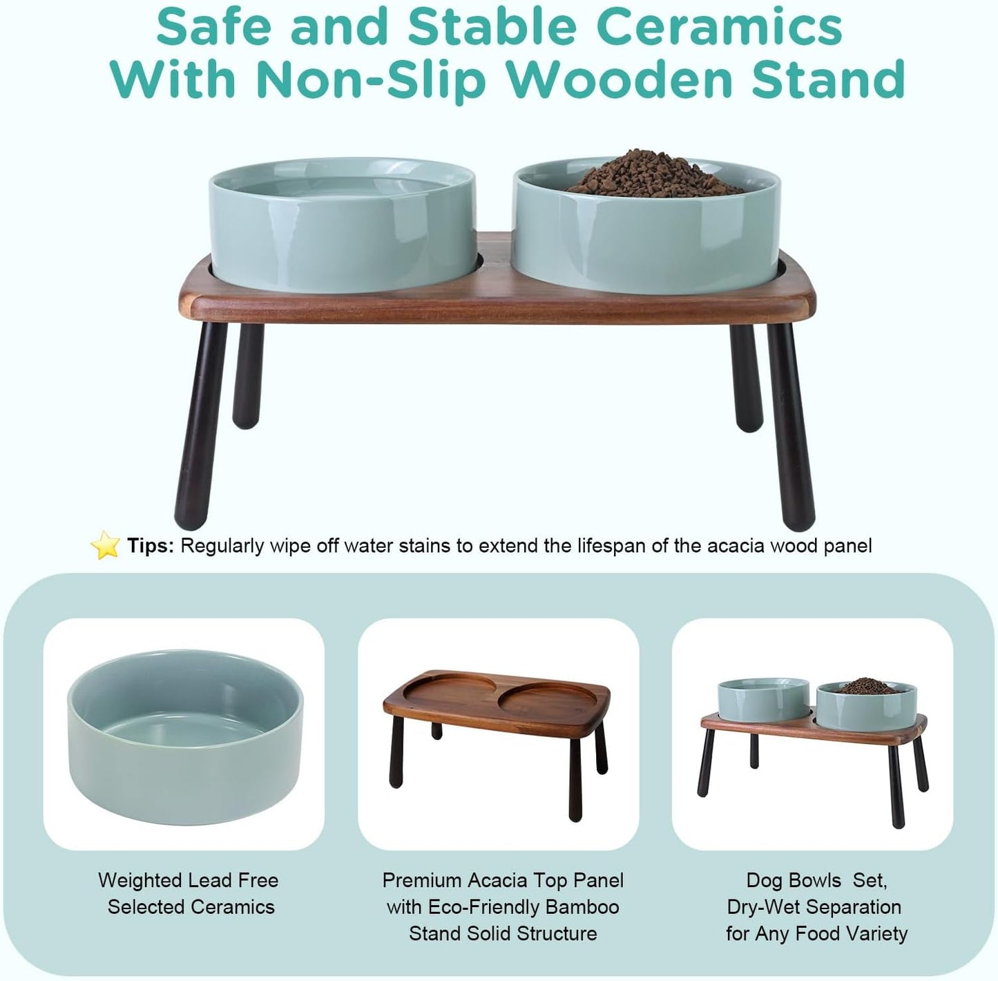 SPUNKYJUNKY Ceramic Elevated Dog Bowls Raised with Acacia Bamboo Wooden Stand, 8.3'' Dog Food Water Bowls Set Non-Slip for Medium Large Sized Breed Microwave Dishwasher Safe - 60 OZ,Light Green