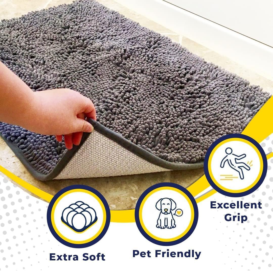 Muddy Mat® AS-SEEN-ON-TV Highly Absorbent Microfiber Door Mat and Pet Rug, Non Slip Thick Washable Area and Bath Mat Soft Chenille for Kitchen Bathroom Bedroom Indoor and Outdoor - Grey 3ft x 8ft