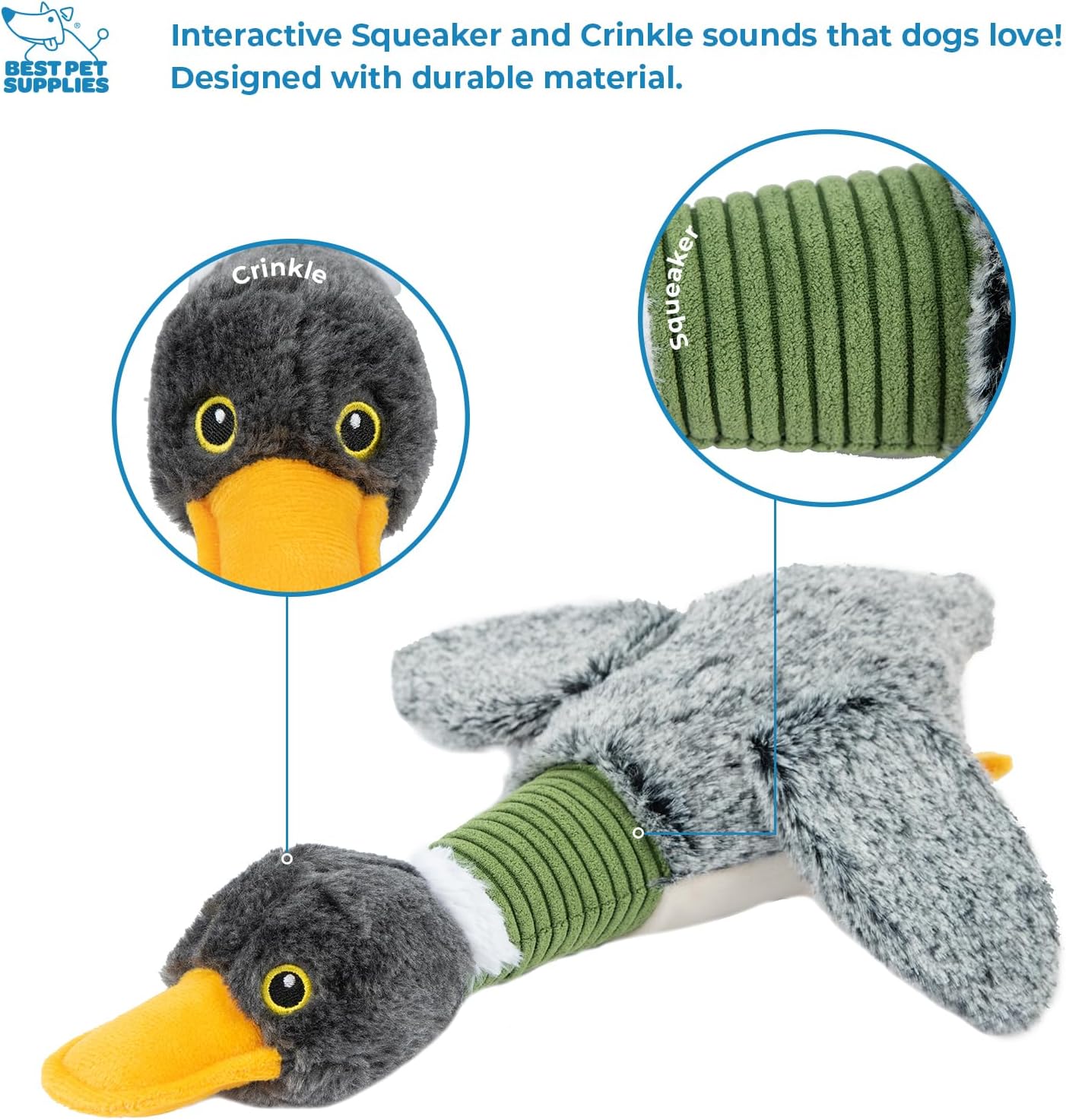 Best Pet Supplies Interactive Squeaky Dog Chew Toy, Ideal Dog Toys for Chewers, Small, Medium & Large Dogs, and Fetch Lovers - Mallard Duck Wing (Gray), Large