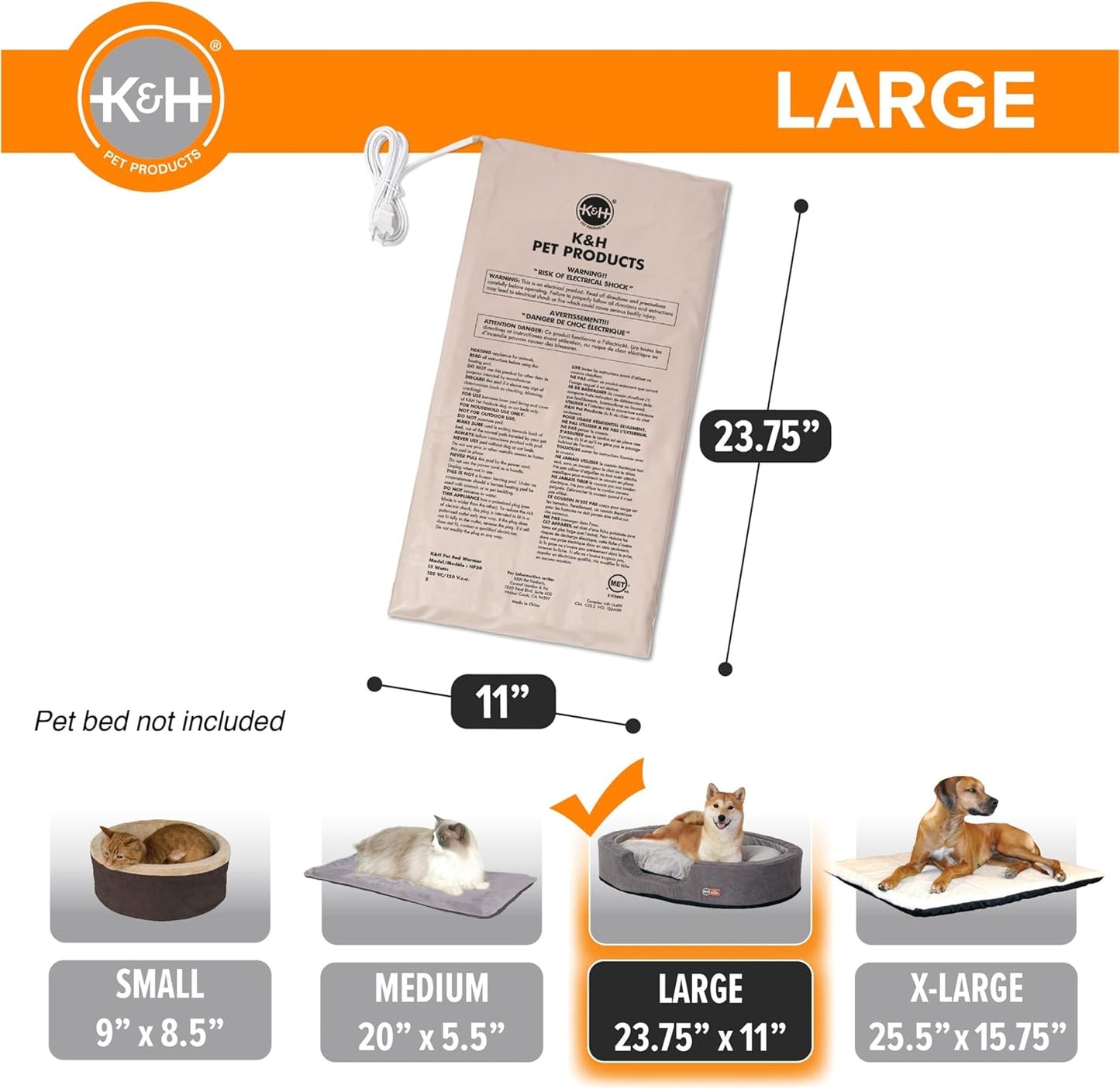 K&H Pet Products Pet Bed Warmer, Turn Any Pet Bed Into a Heated Cat or Dog Bed, Waterproof Indoor Heated Warming Pad Insert, Automatic Temperature, Safety Listed - Large 23.75 X 11in Tan