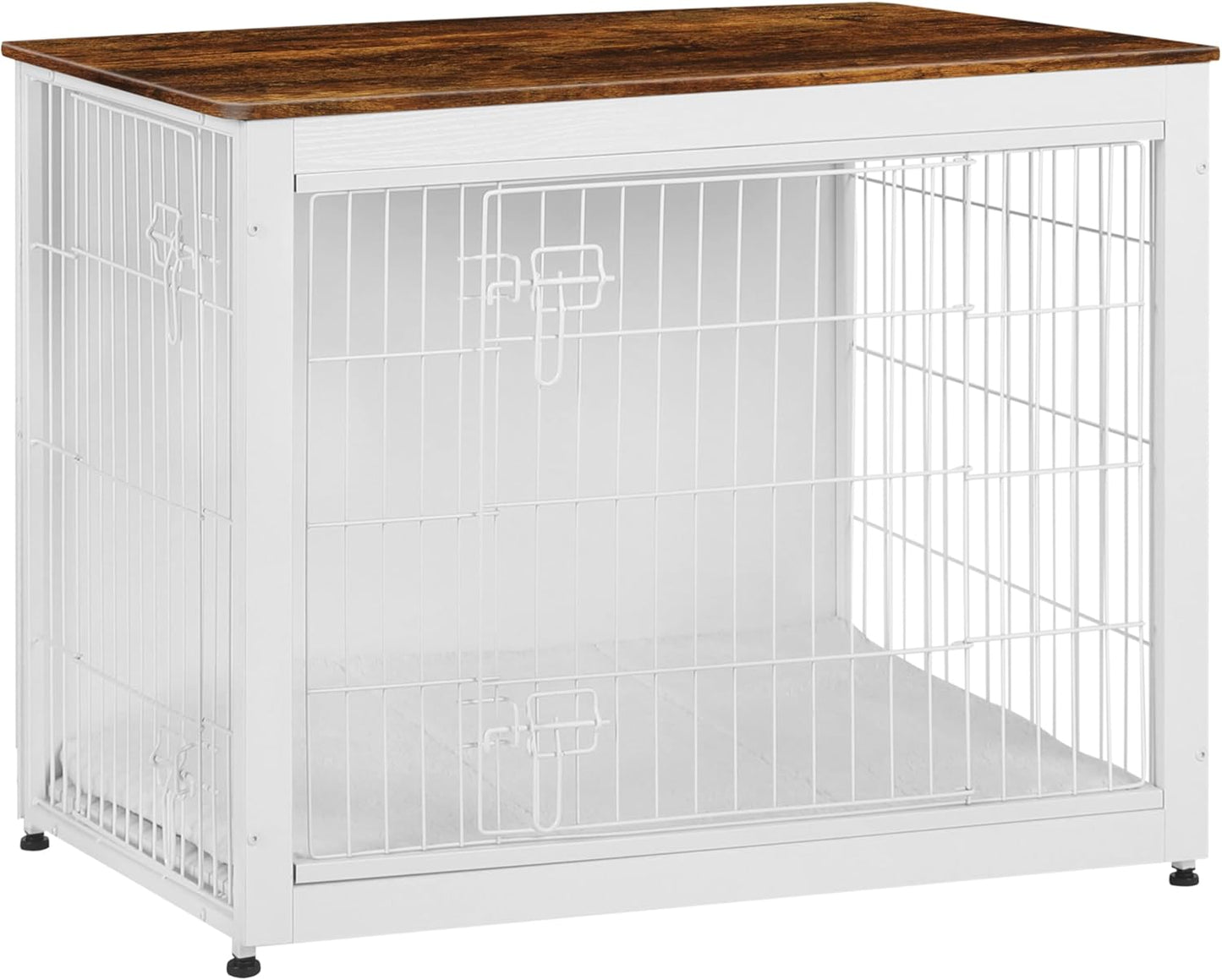 DWANTON Dog Crate Furniture with Cushion, Wooden Kennel Table with Double Doors, Indoor Dog House, Large Size, 38.5" L, White+Rustic Brown