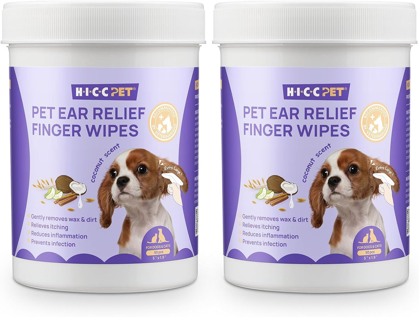 HICC PET Dog Ear Wipes Finger 100 Count Dog Ear Cleaner Wipes for Dogs & Cats, Dog Ear Infection Treatment to Relieve Ear Itching & Inflammation, Remove Ear Wax, Dirt, Smelly - Fresh Coconut Scent