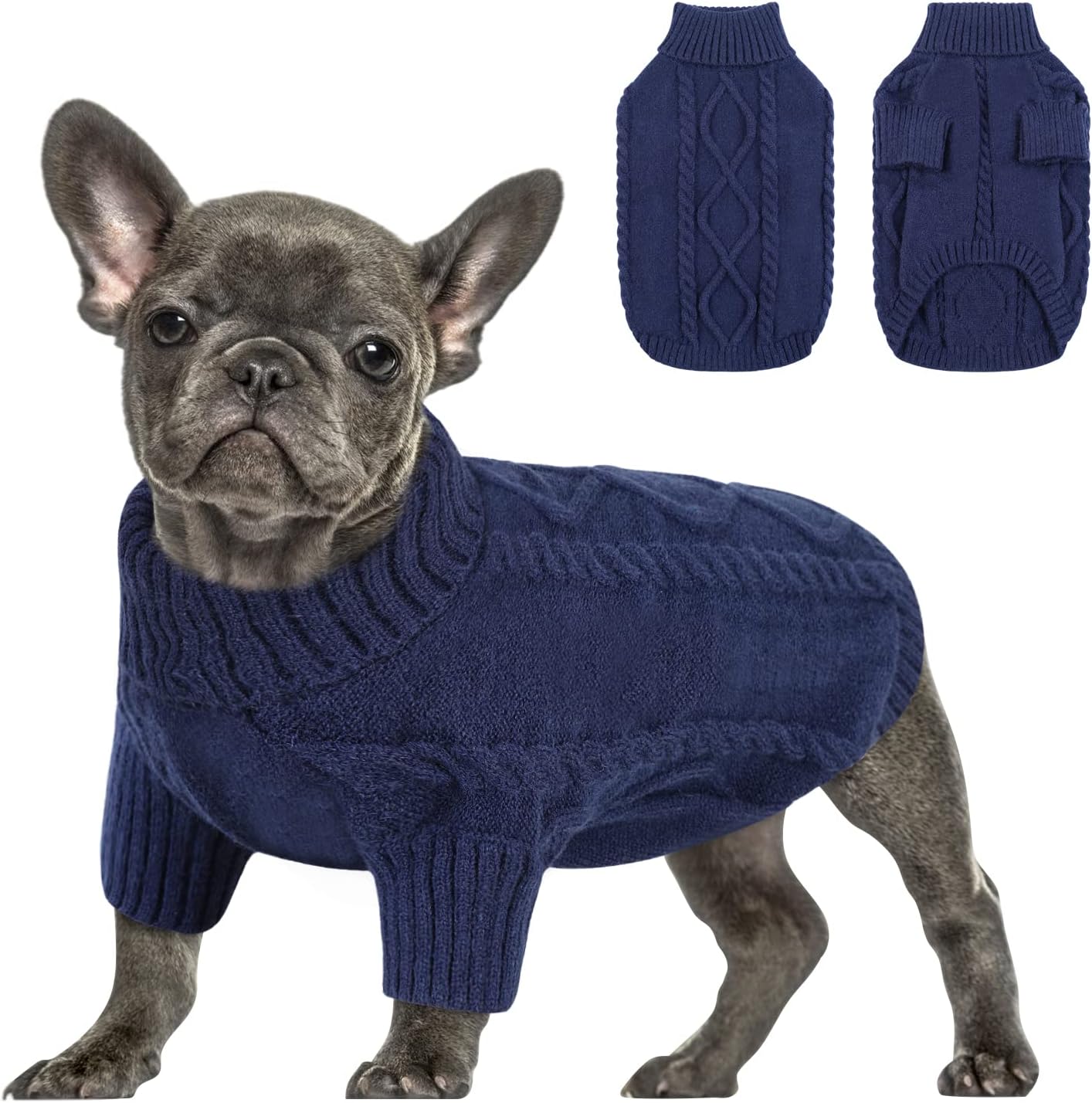Queenmore Small Dog Pullover Sweater, Cold Weather Cable Knitwear, Classic Turtleneck Thick Warm Clothes for Chihuahua, Bulldog, Dachshund, Pug (Dark Navy, X-Large)