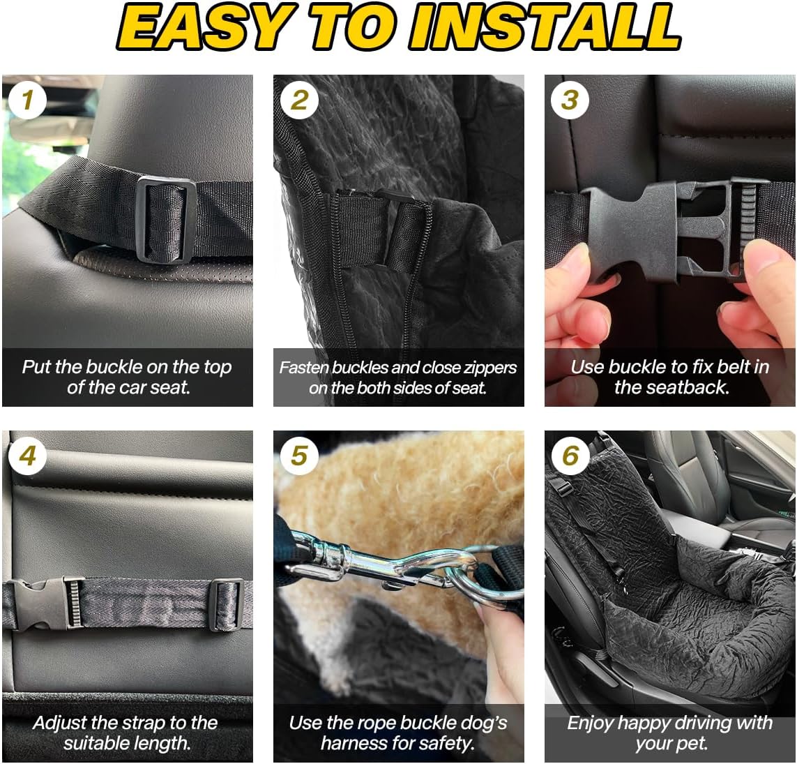 Dog Car Seat for Small Medium Dogs Up to 40lbs, Detachable Washable Soft Pet Booster Travel Bed for Front & Black Seat with Safety Leash Belt