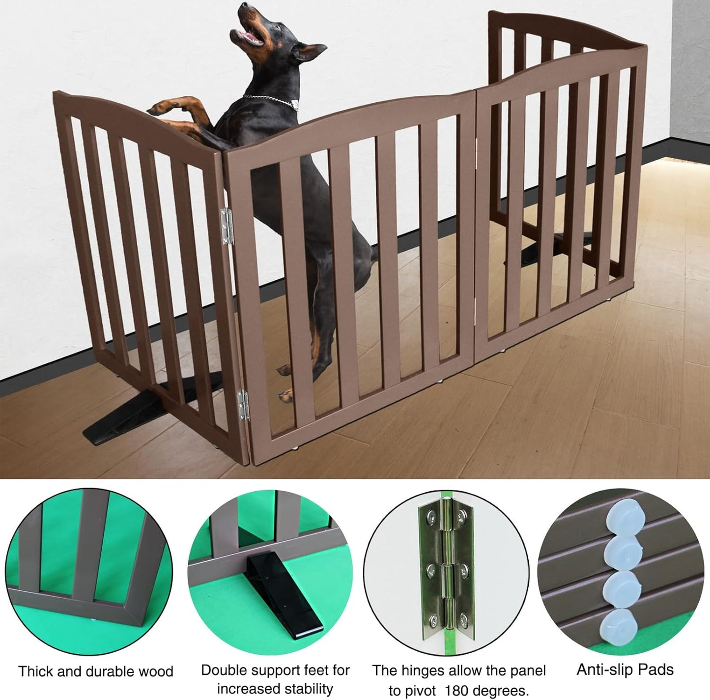 ZJSF Foldable Freestanding Indoor Dog Gate for House Wood Long Pet Gates Dog Fence for Stairs Puppy Gates for Hallways, Puppy Gate,Support Feet Included, Brown, 32 "Height-4 Panels