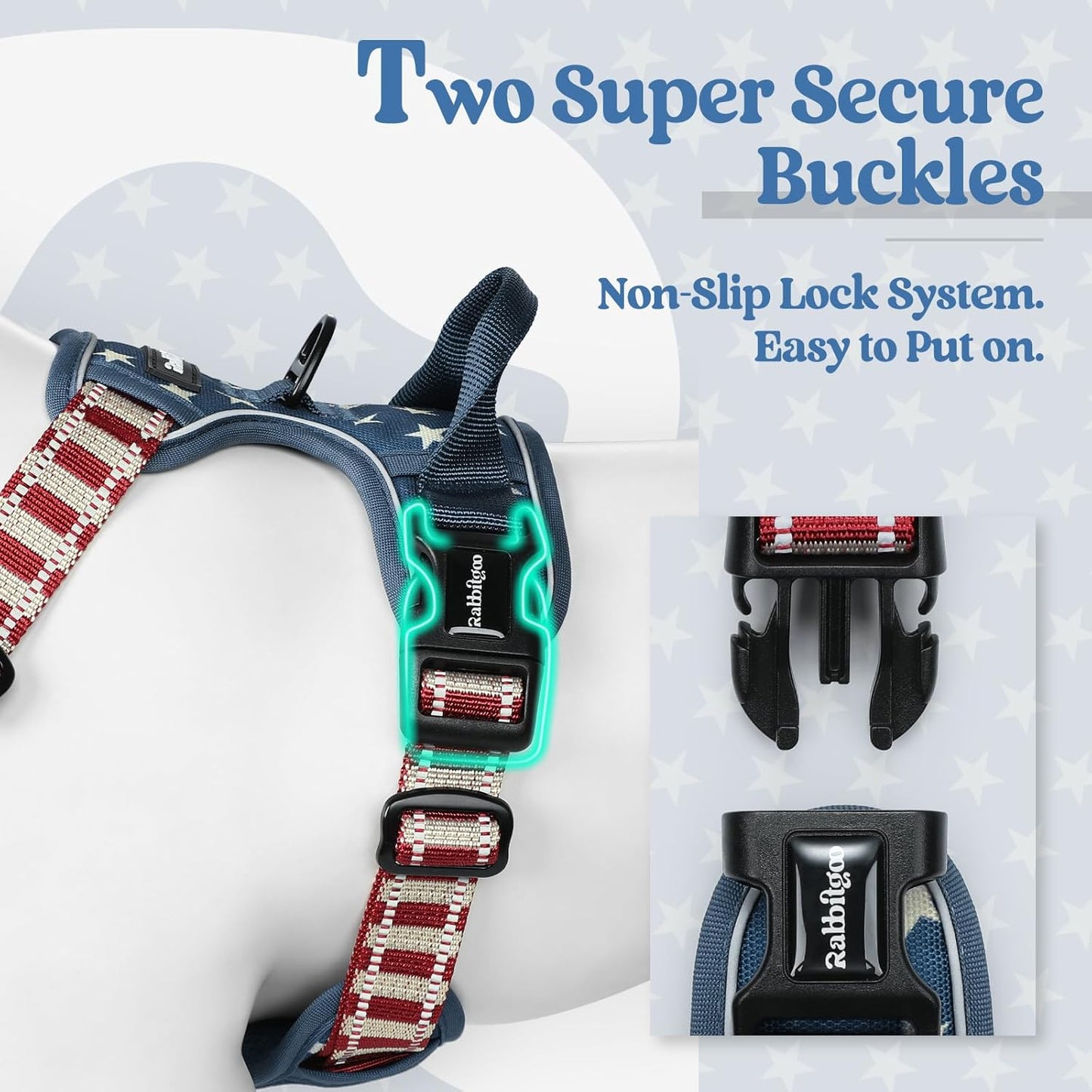 rabbitgoo Dog Harness No Pull with 2 Leash Clips, Adjustable Soft Padded, Reflective Oxford No Choke Pet Vest with Easy Control Handle for Large Dogs, Blue Star, XL