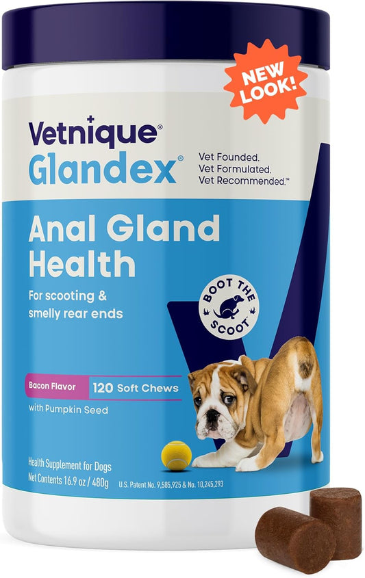 Vetnique Labs Glandex Anal Gland Soft Chew Treats with Pumpkin for Dogs Digestive Enzymes, Probiotics Fiber Supplement for Dogs Boot The Scoot (Bacon Flavor Chews, 120 Count)