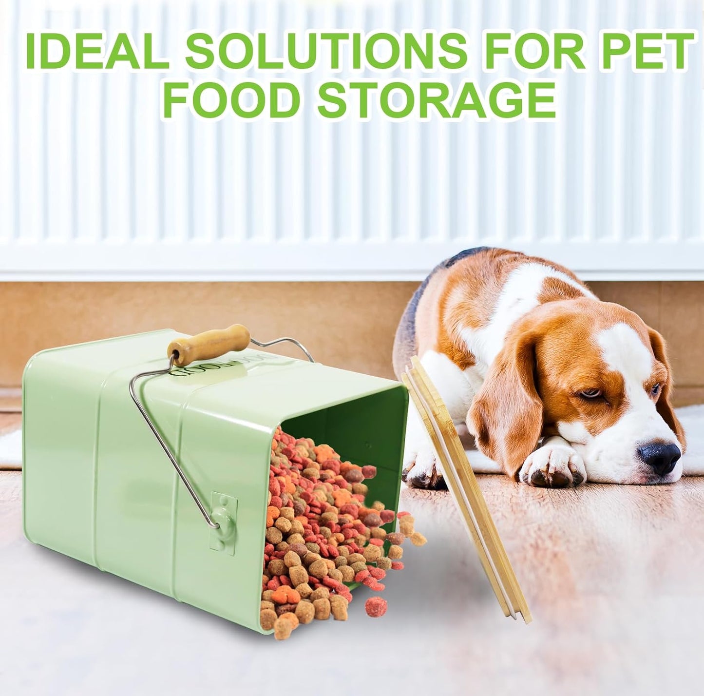 Dog Food storage container Dog Treats Jar,5~6 lb Metal food treats tin for Dog, pet snacks Canisters with wooden lid/handle/sevice scoop-Green